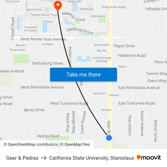 Geer & Pedras to California State University, Stanislaus map