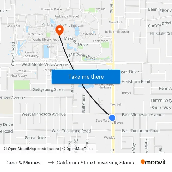 Geer & Minnesota to California State University, Stanislaus map