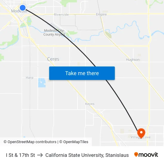 I St & 17th St to California State University, Stanislaus map