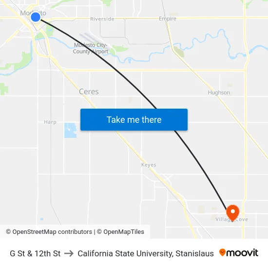 G St & 12th St to California State University, Stanislaus map