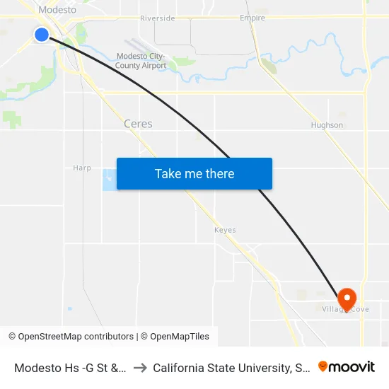 Modesto Hs -G St & 2nd St to California State University, Stanislaus map