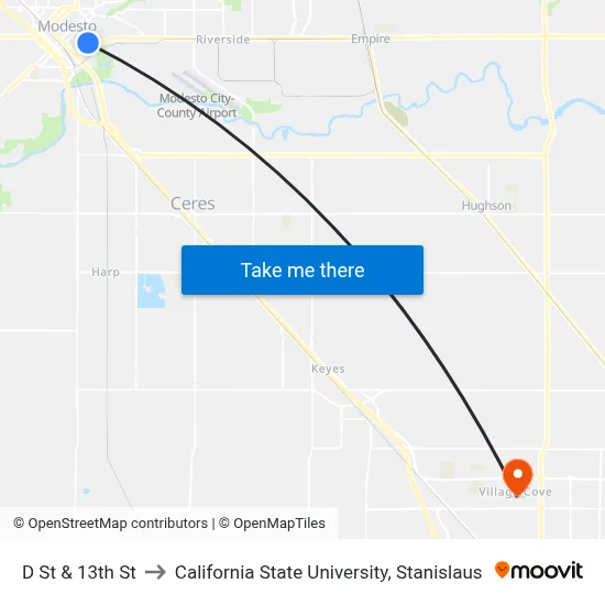 D St & 13th St to California State University, Stanislaus map