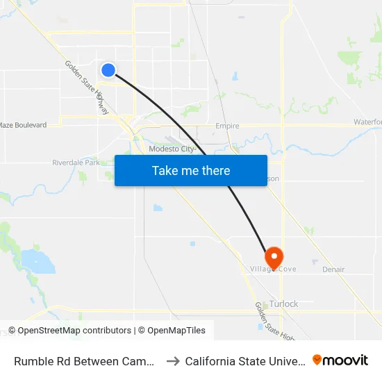 Rumble Rd Between Campbell Ln & Thornton to California State University, Stanislaus map