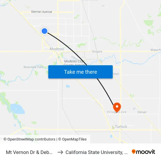 Mt Vernon Dr & Debonaire Dr to California State University, Stanislaus map
