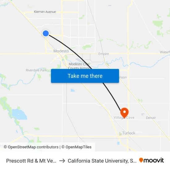 Prescott Rd & Mt Vernon Dr to California State University, Stanislaus map