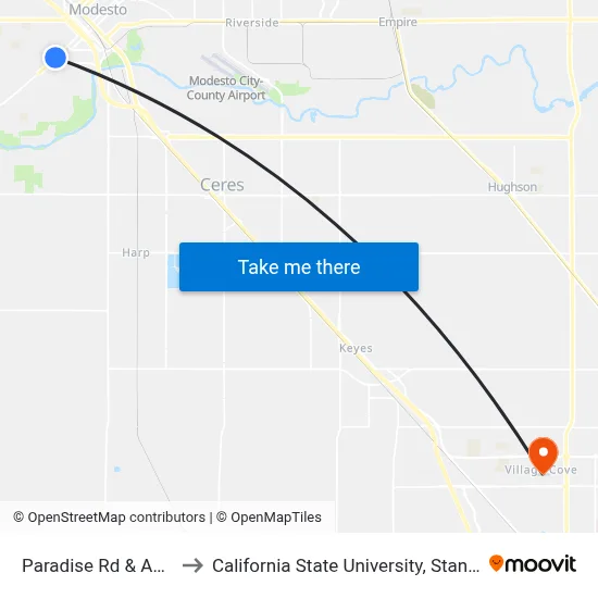 Paradise Rd & Ash St to California State University, Stanislaus map