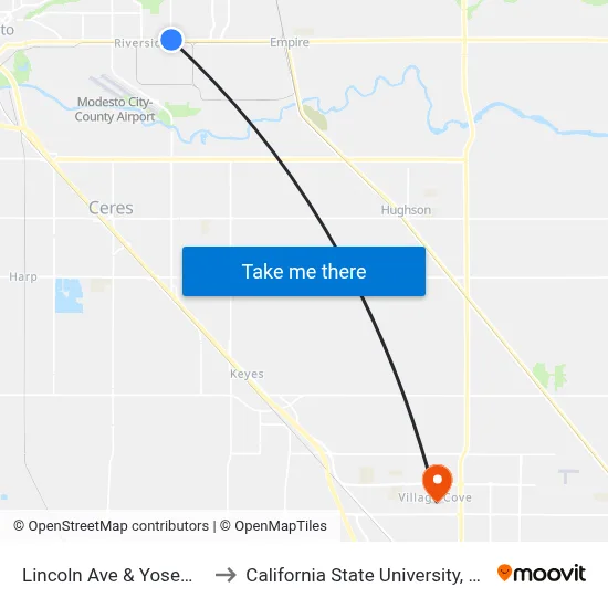 Lincoln Ave & Yosemite Blvd to California State University, Stanislaus map