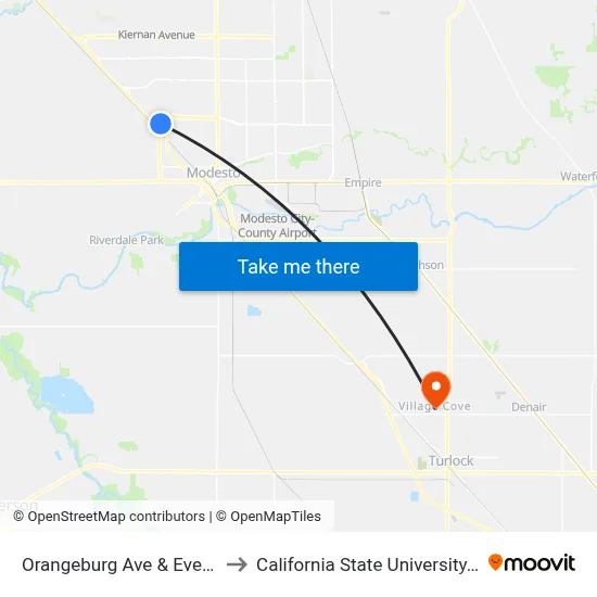Orangeburg Ave & Evergreen Ave to California State University, Stanislaus map