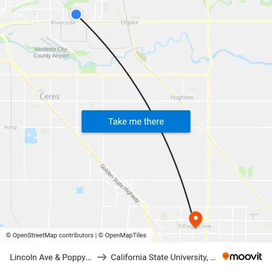 Lincoln Ave & Poppypatch Dr to California State University, Stanislaus map