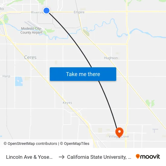 Lincoln Ave & Yosemite Blvd to California State University, Stanislaus map