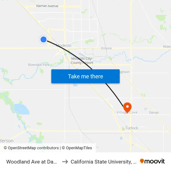 Woodland Ave at Dan West Ct to California State University, Stanislaus map