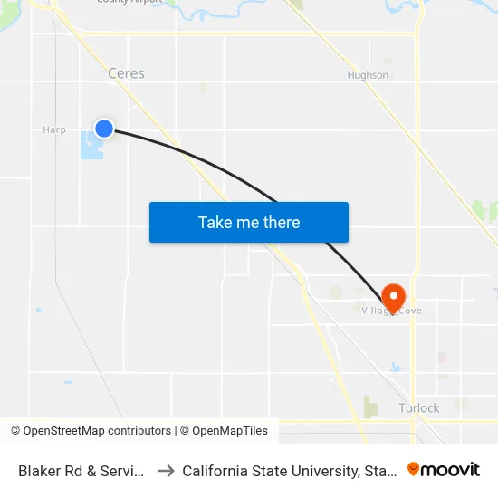Blaker Rd & Service Rd to California State University, Stanislaus map