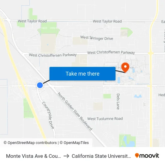 Monte Vista Ave & Countryside Dr to California State University, Stanislaus map