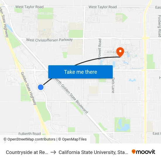 Countryside at Retreat to California State University, Stanislaus map