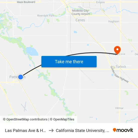 Las Palmas Ave & Hartley St to California State University, Stanislaus map