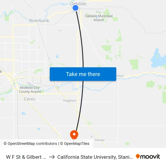 W F St & Gilbert Ave to California State University, Stanislaus map