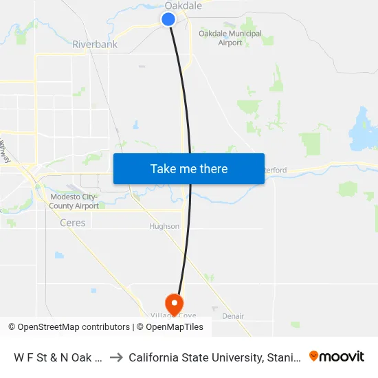 W F St & N Oak Ave to California State University, Stanislaus map