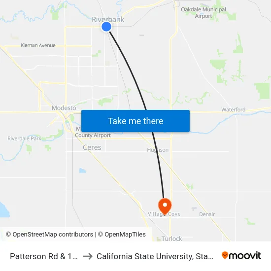 Patterson Rd & 1st St to California State University, Stanislaus map