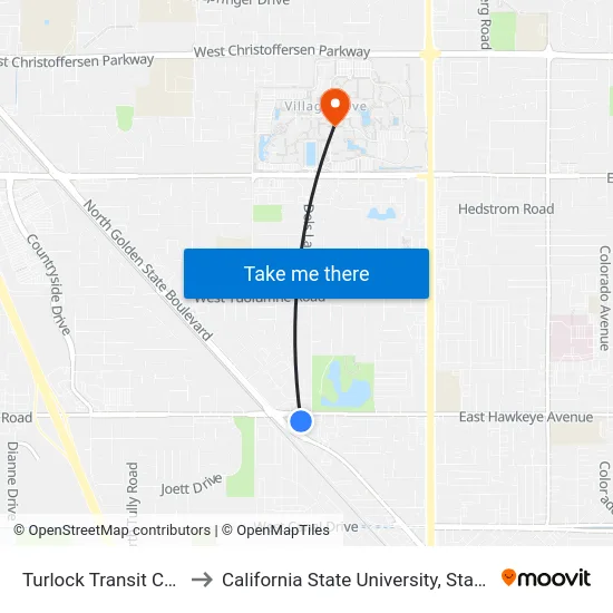 Turlock Transit Center to California State University, Stanislaus map
