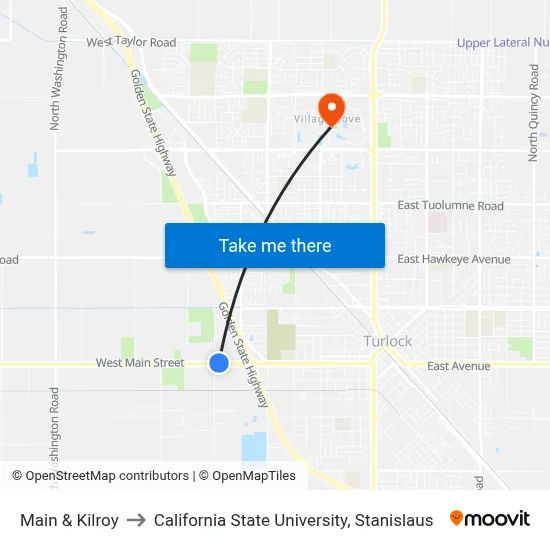 Main & Kilroy to California State University, Stanislaus map
