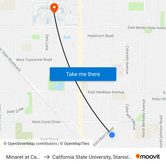 Minaret at Cahill to California State University, Stanislaus map