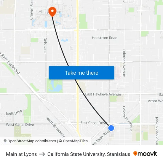 Main at Lyons to California State University, Stanislaus map
