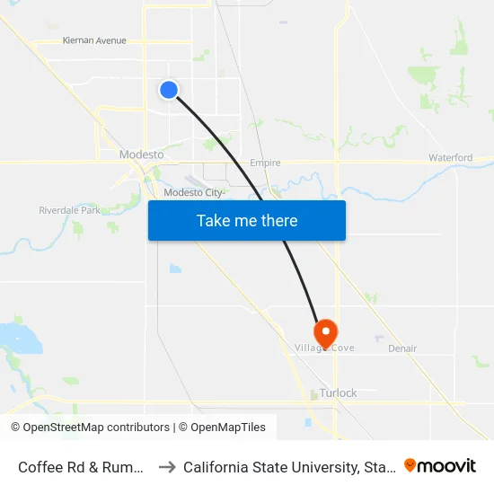 Coffee Rd & Rumble Rd to California State University, Stanislaus map