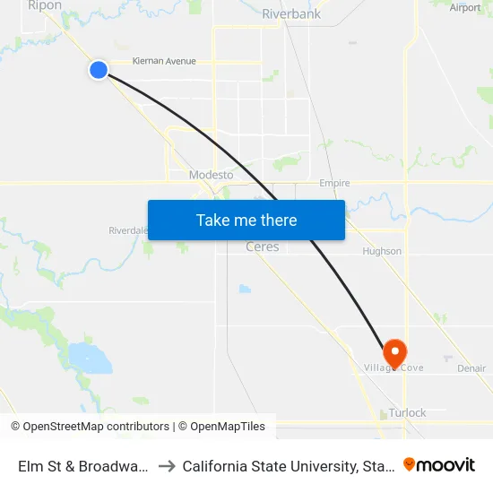 Elm St & Broadway Ave to California State University, Stanislaus map