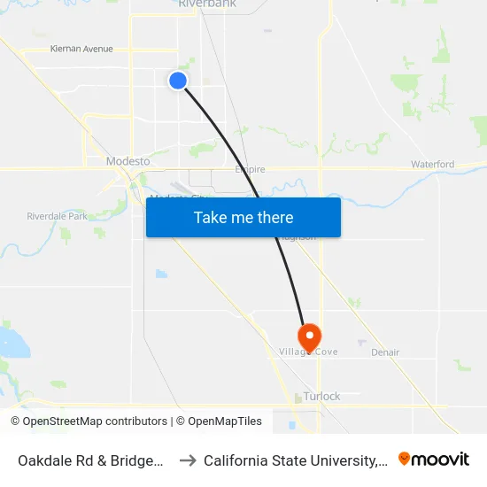 Oakdale Rd & Bridgewood Way to California State University, Stanislaus map