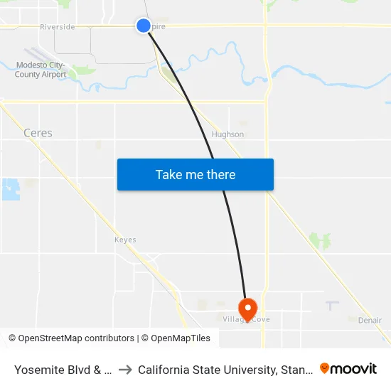Yosemite Blvd & B St to California State University, Stanislaus map