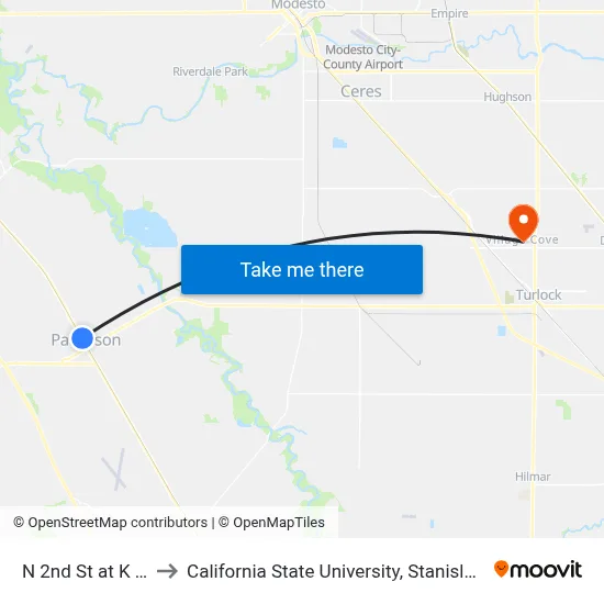N 2nd St at K St to California State University, Stanislaus map