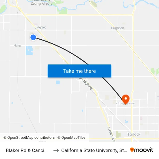 Blaker Rd & Cancimilla Ct to California State University, Stanislaus map