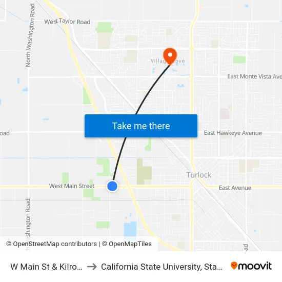W Main St & Kilroy Rd to California State University, Stanislaus map