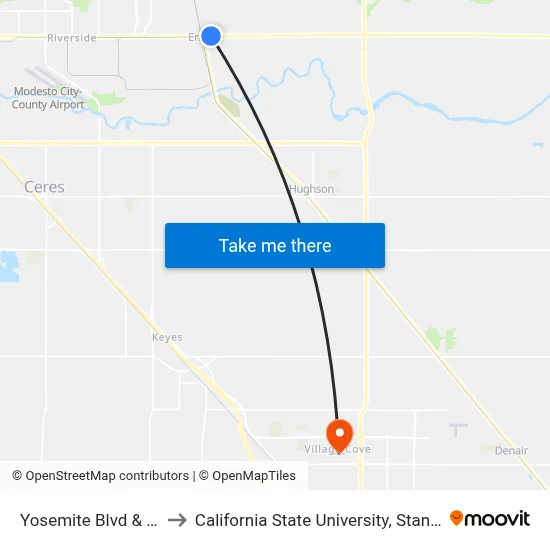 Yosemite Blvd & H St to California State University, Stanislaus map
