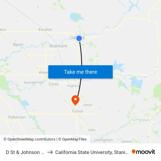 D St & Johnson Ave to California State University, Stanislaus map