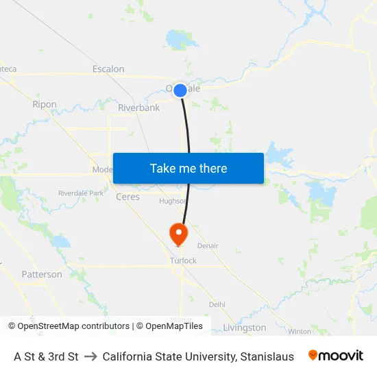 A St & 3rd St to California State University, Stanislaus map