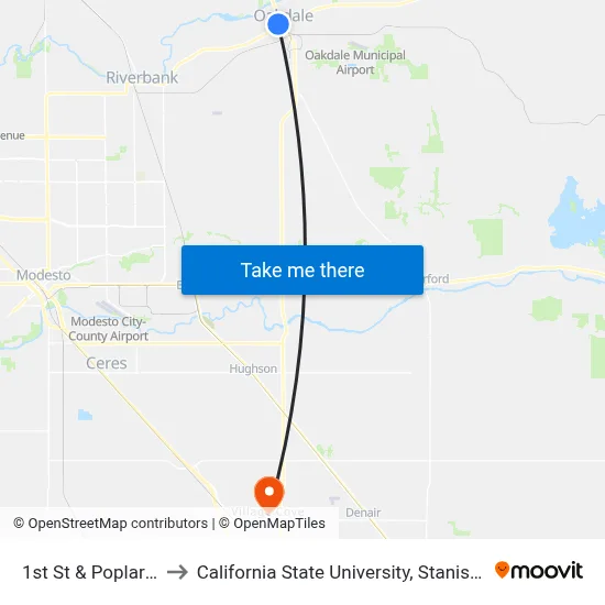 1st St & Poplar St to California State University, Stanislaus map