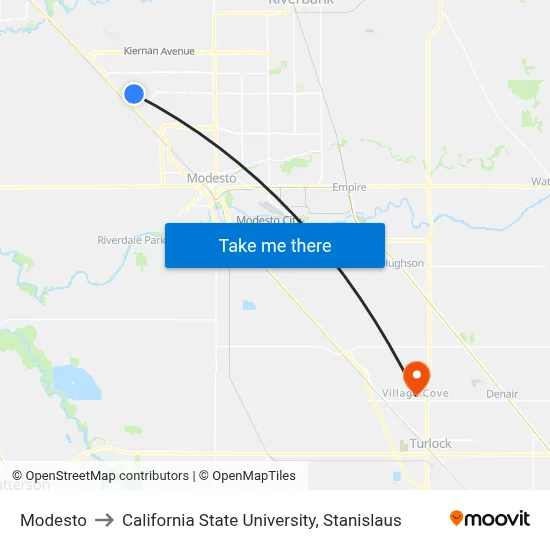Modesto to California State University, Stanislaus map