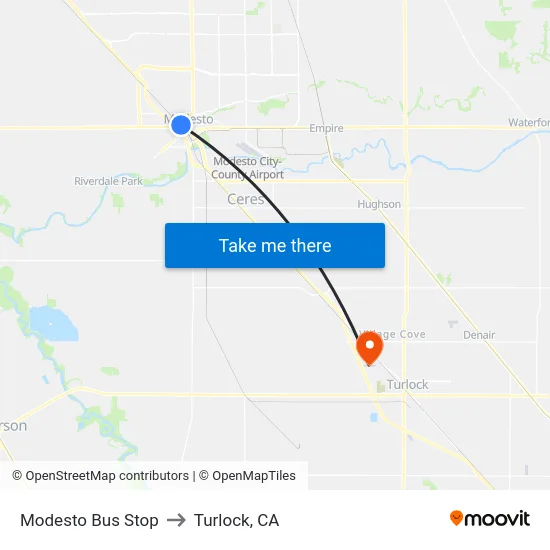 Modesto Bus Stop to Turlock, CA map
