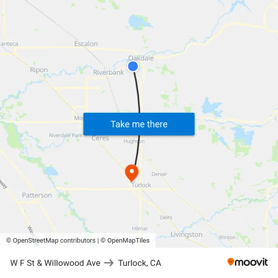 W F St & Willowood Ave to Turlock, CA map