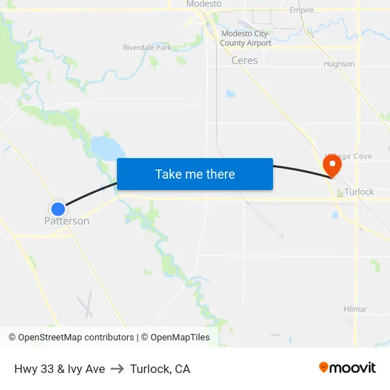 Hwy 33 & Ivy Ave to Turlock, CA map