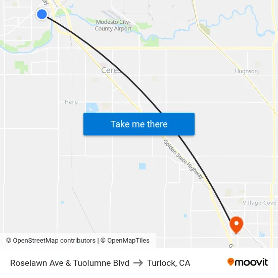 Roselawn Ave & Tuolumne Blvd to Turlock, CA map