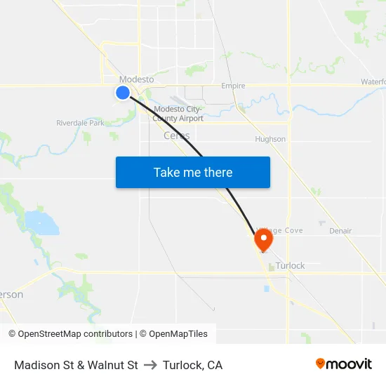 Madison St & Walnut St to Turlock, CA map