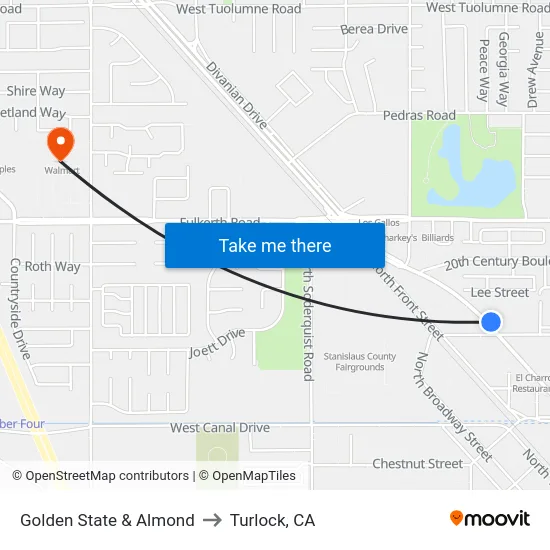 Golden State & Almond to Turlock, CA map