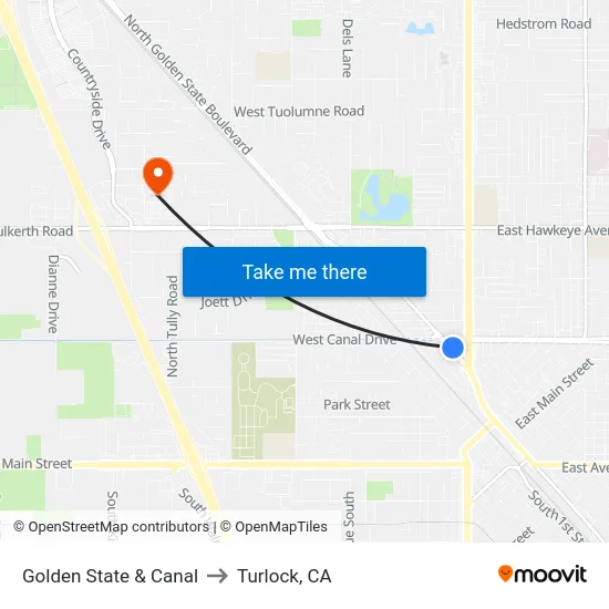 Golden State & Canal to Turlock, CA map