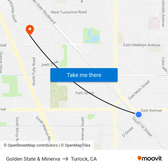 Golden State & Minerva to Turlock, CA map
