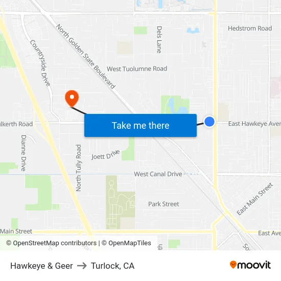 Hawkeye & Geer to Turlock, CA map