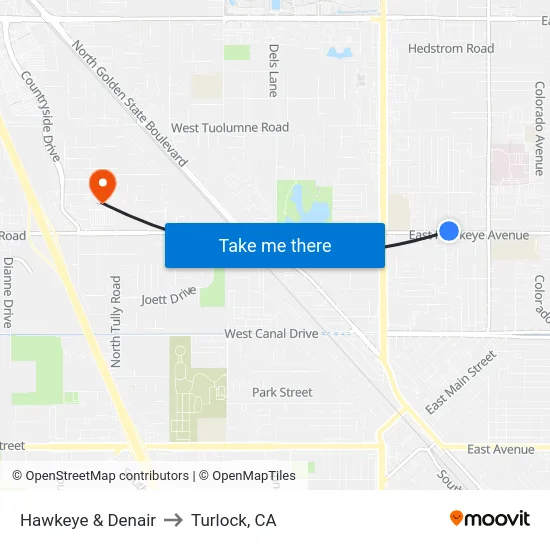 Hawkeye & Denair to Turlock, CA map
