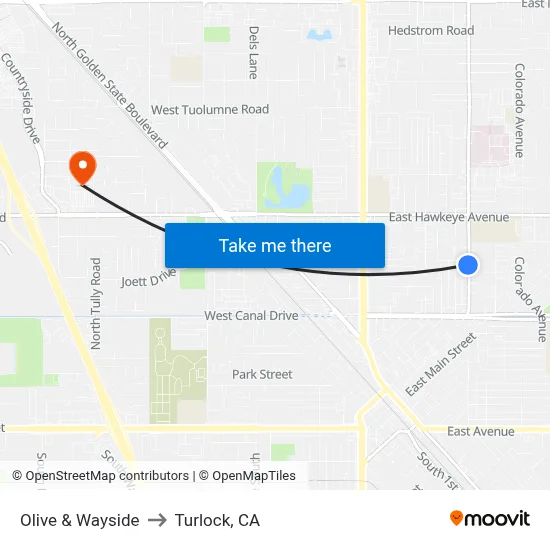 Olive & Wayside to Turlock, CA map
