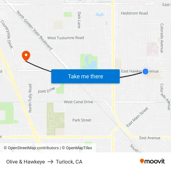 Olive & Hawkeye to Turlock, CA map
